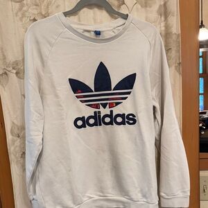 Adidas White Crewneck with Navy Trefoil Logo